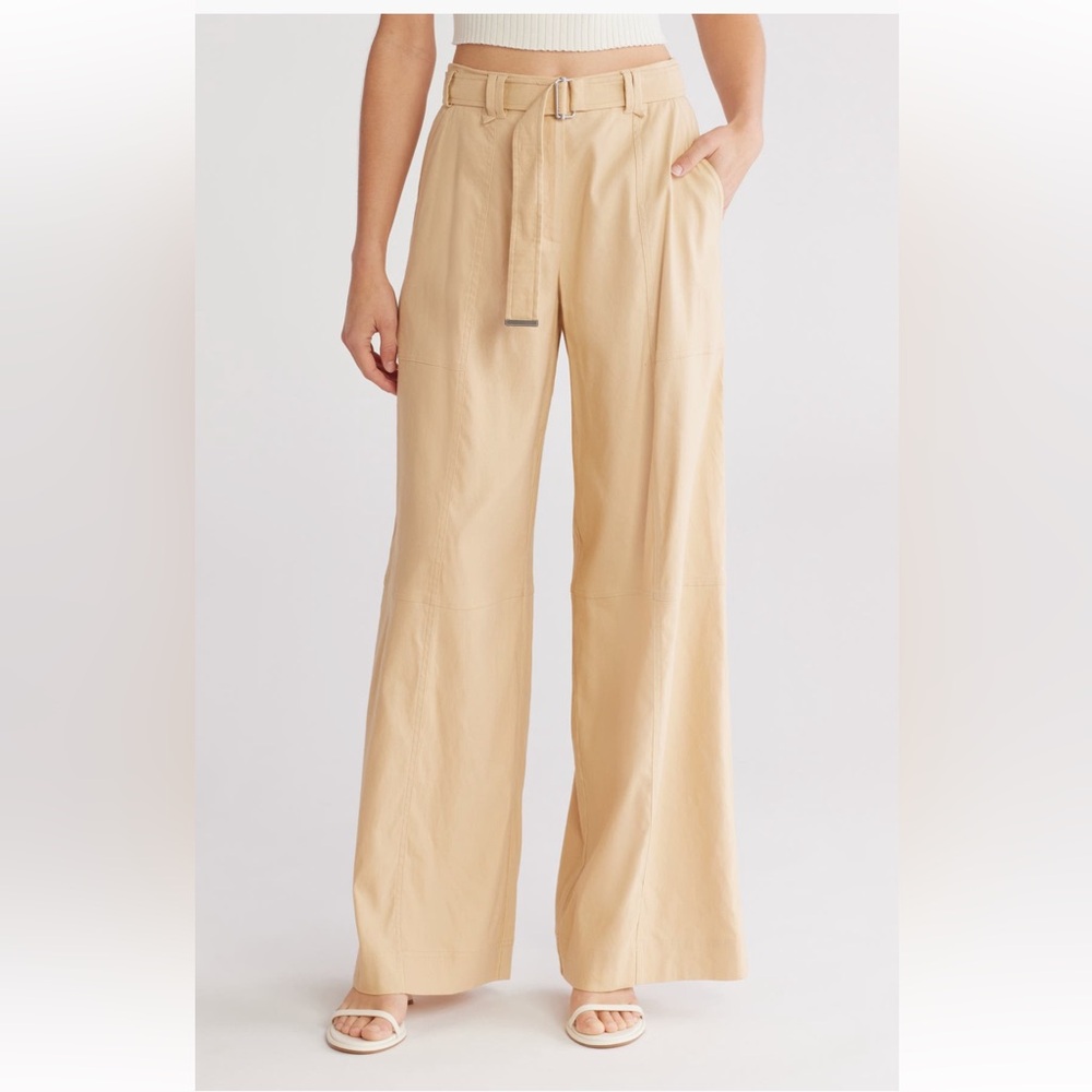 Simkhai‎ Amaya Belted Pants tan trousers wide leg linen blend size 10 NWT
